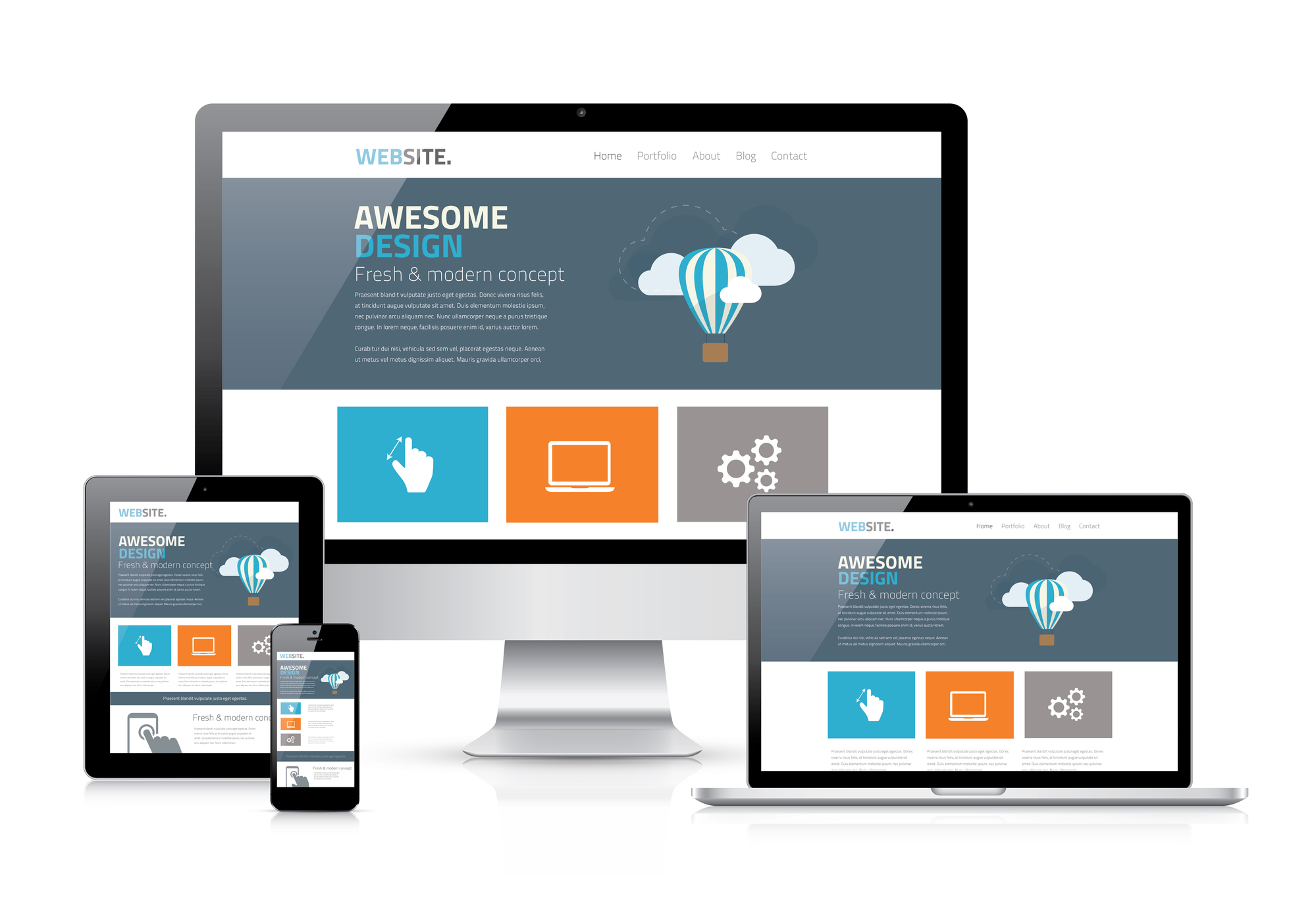 Responsive website design displayed on desktop, laptop, tablet, and phone for small business websites