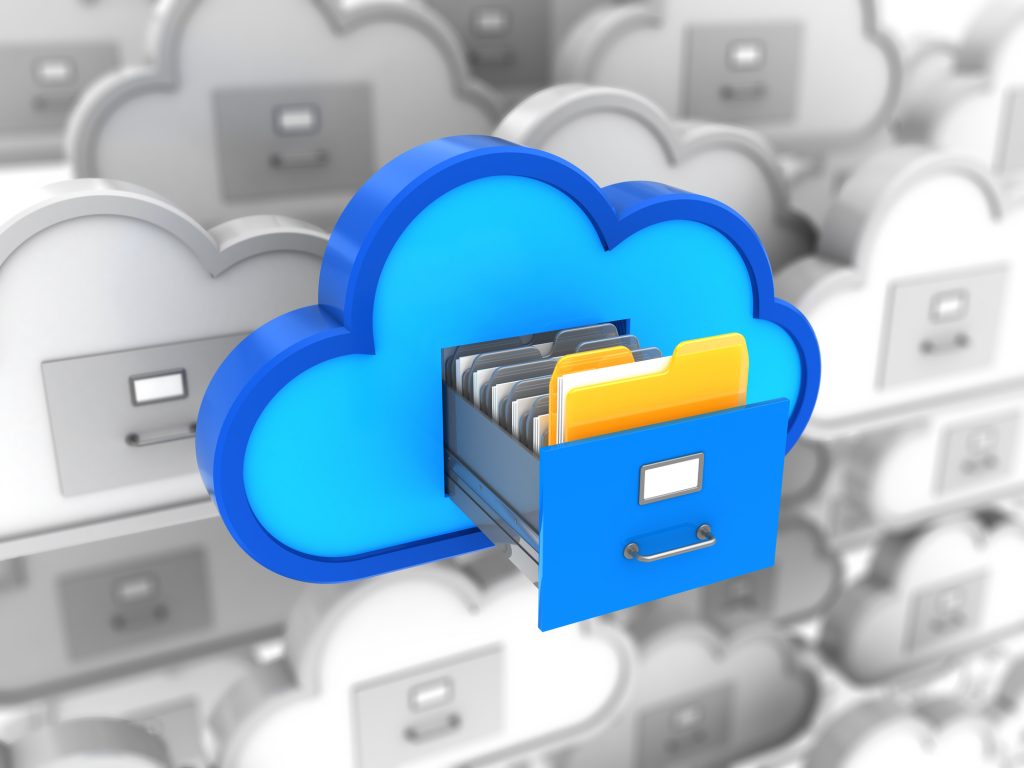 cloud storage data backup Cloud storage icon with file drawer and folders representing data backup and online document storage.
