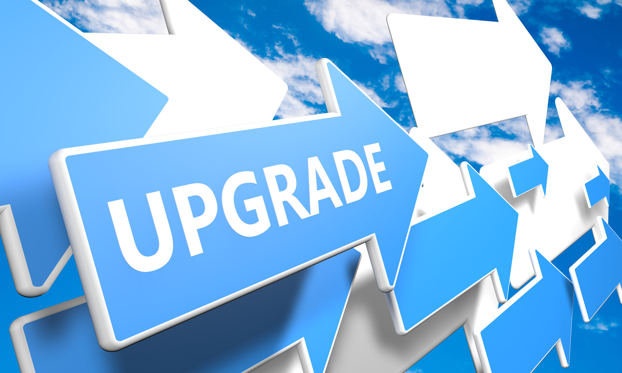 Blue arrows with upgrade text representing a technology upgrade or system improvement.