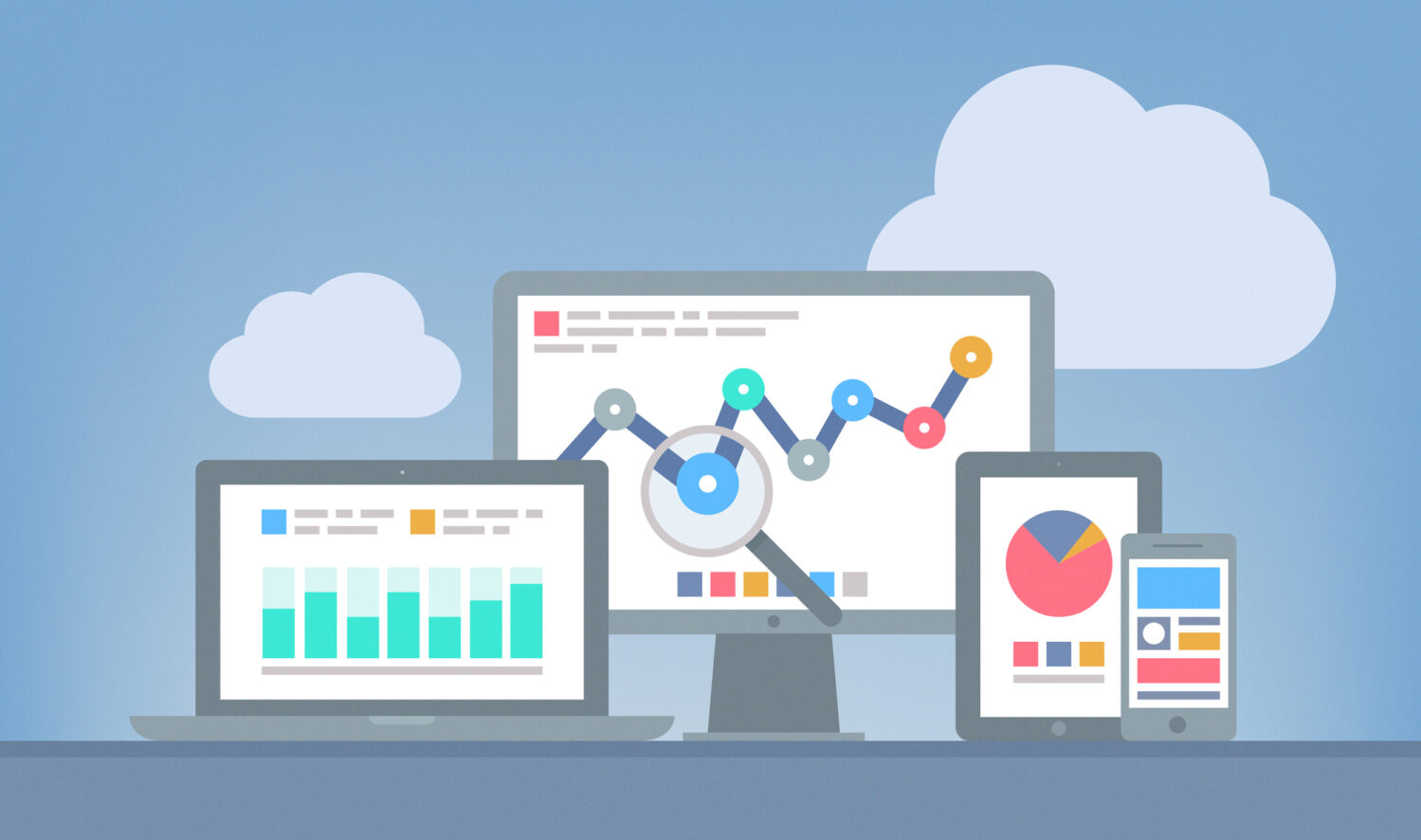 Devices showing charts and graphs with cloud icons, representing web and SEO analytics.