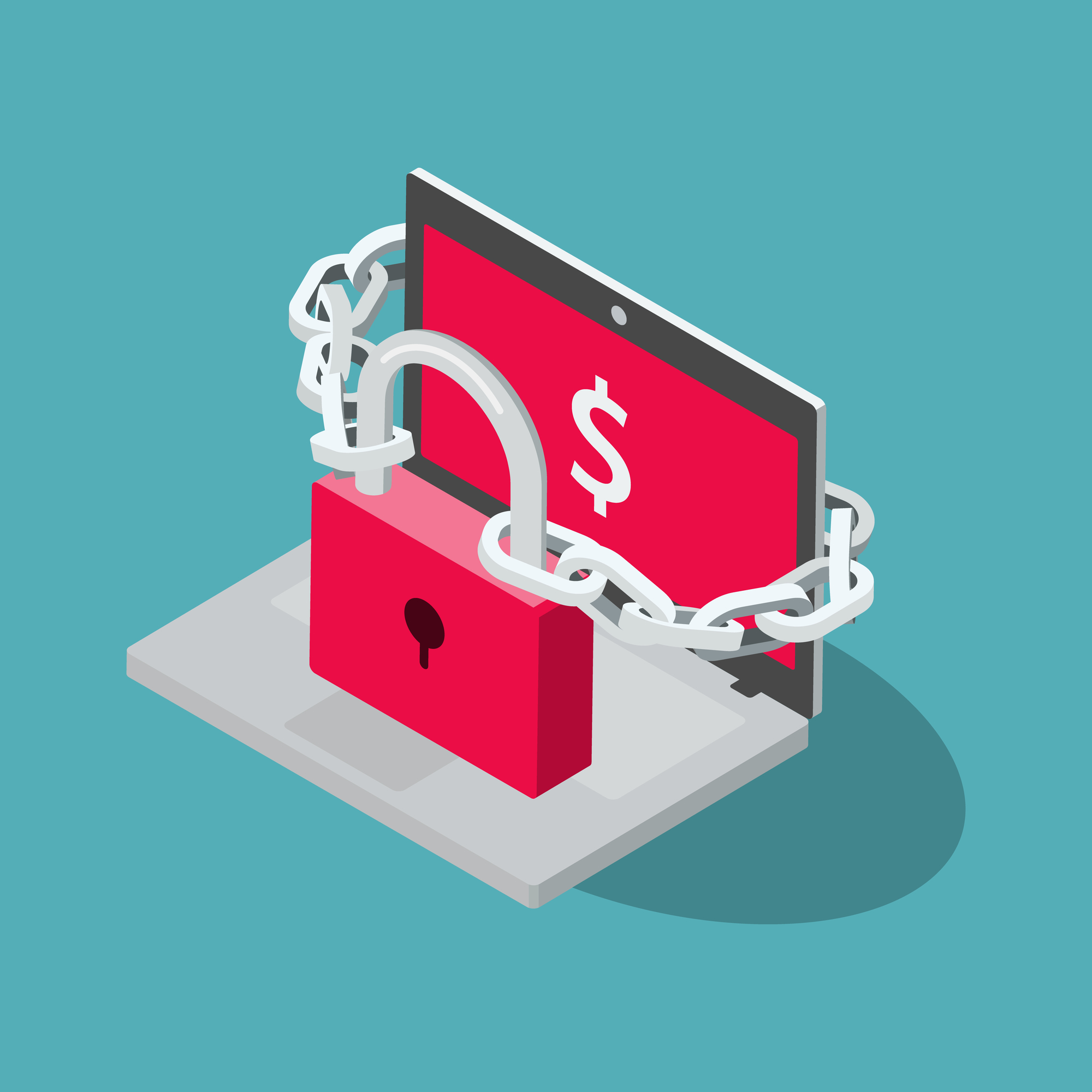 Laptop chained with a padlock and dollar sign, representing ransomware recovery and data protection.