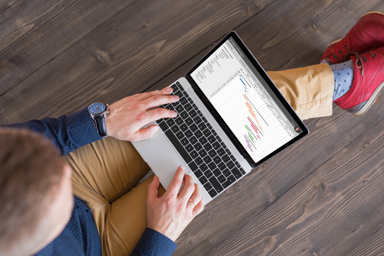 Person using Microsoft 365 apps on a laptop with project schedule and task chart open.
