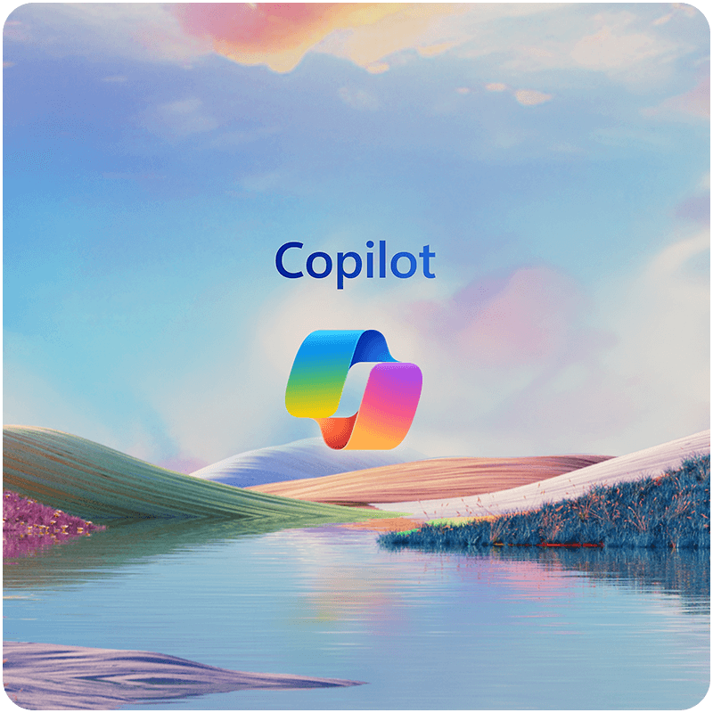 Microsoft Copilot logo over a colorful landscape with water, hills, and soft sky background.