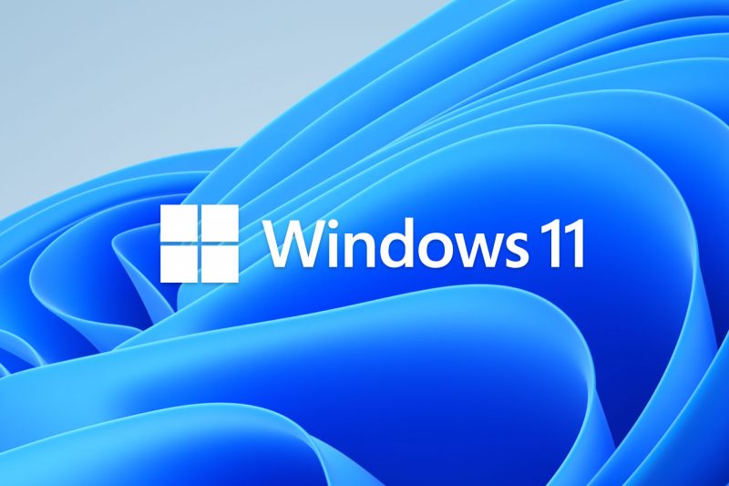 Windows 11 logo on a blue abstract background with the Windows icon and text.