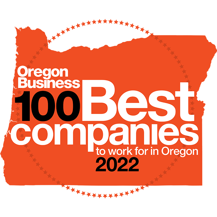 Oregon Business 100 Best Companies to Work For in Oregon 2022 logo on an orange background.