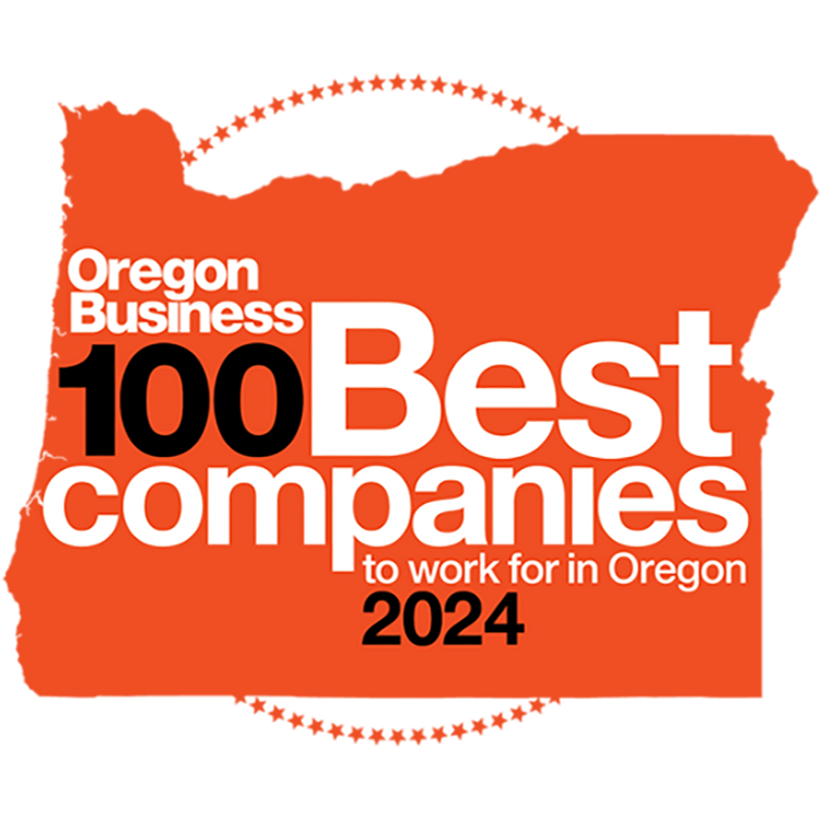 Oregon Business 100 Best Companies to Work For in Oregon 2024 logo on an orange background.
