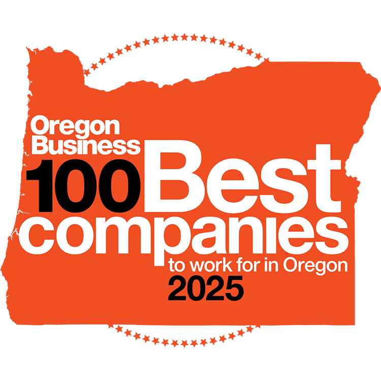 Oregon Business 100 Best Companies to Work For in Oregon 2025 logo on an orange background.