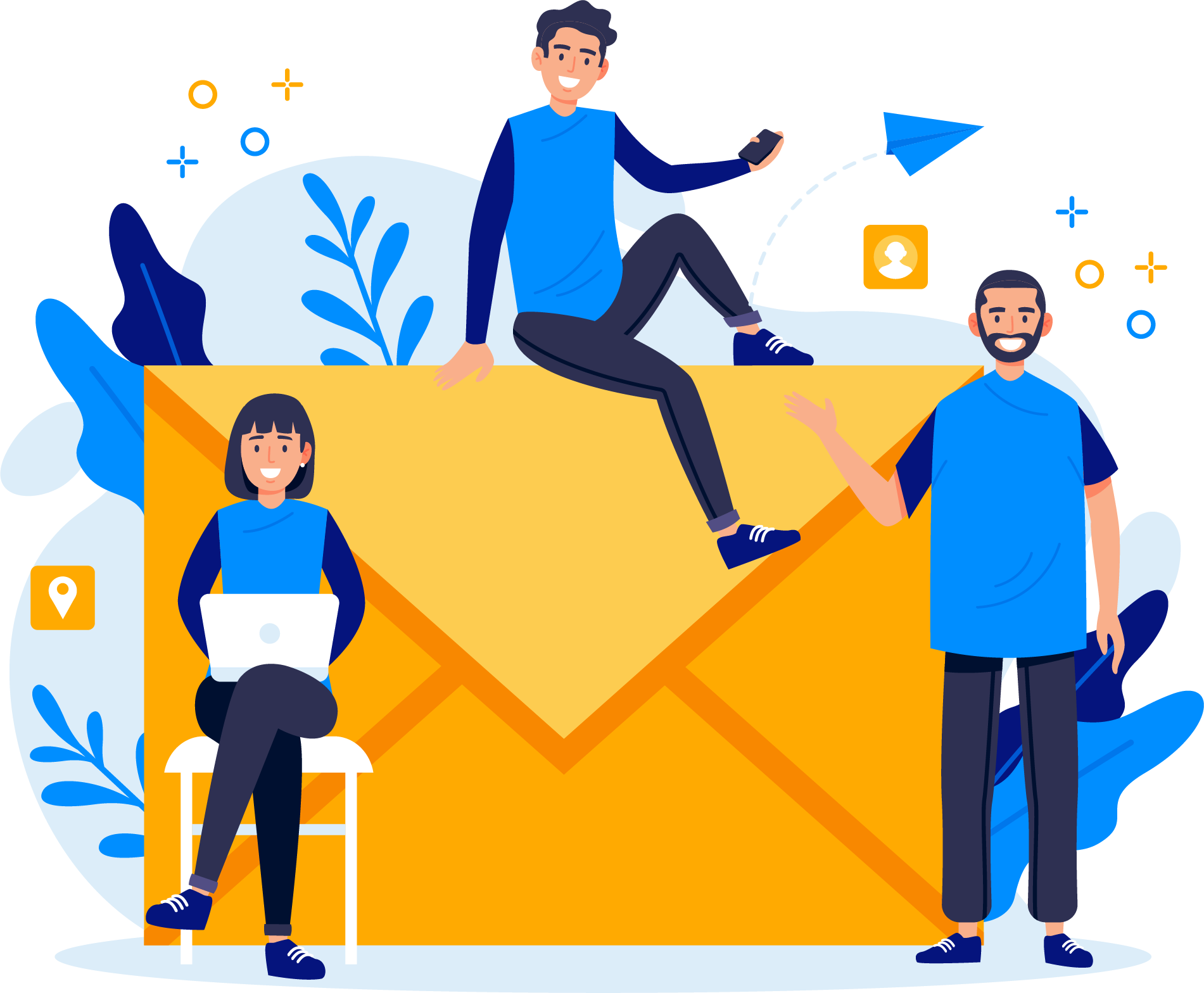 Illustration of three people interacting with a large yellow envelope. One person is sitting with a laptop, another is sitting on top holding a phone, and a third person is standing and waving.