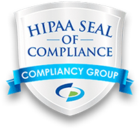 HIPAA Seal of Compliance badge with a blue ribbon and logo from the Compliancy Group.