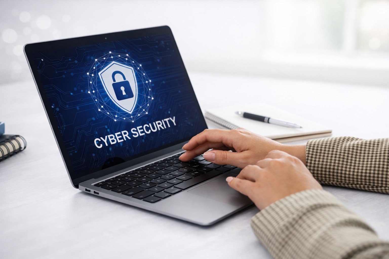 Person using a laptop displaying a cyber security shield icon, representing data protection and online security.