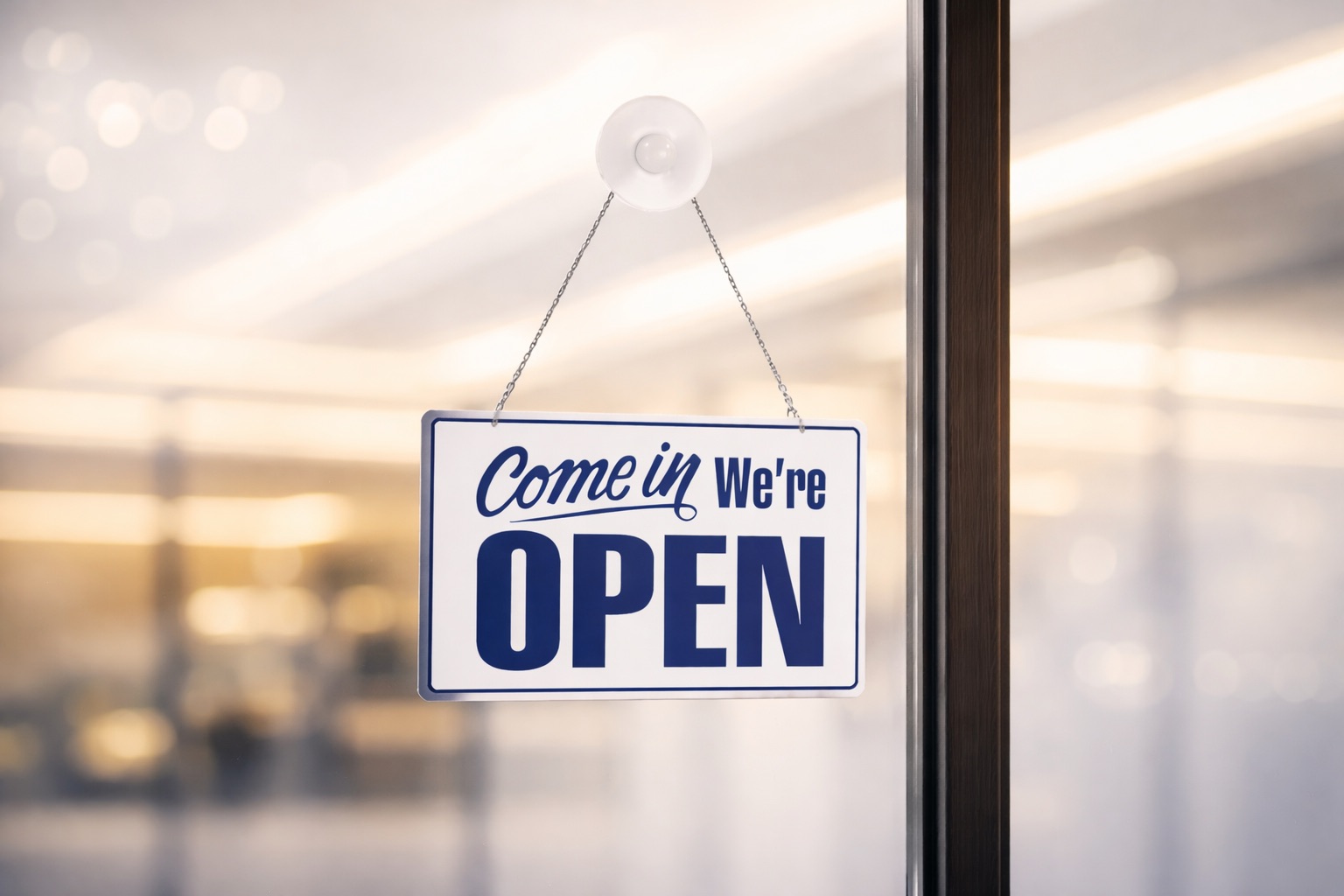 Close-up of an “Open” sign hanging on a glass door, indicating a business is open to customers.