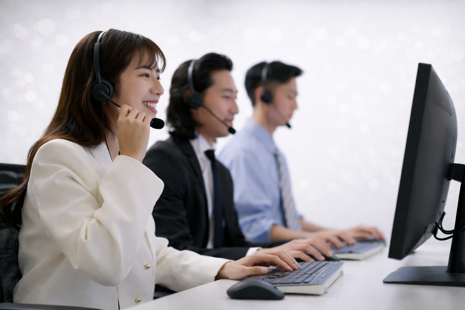 Smiling technical support agents wearing headsets work at desktop computers in front of large world map screens.