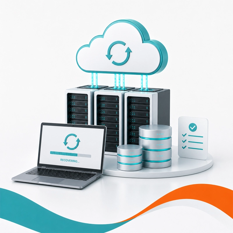 Backup and disaster recovery system with cloud sync, servers, data storage, and recovery progress. Backup and disaster recovery system with cloud sync, servers, data storage, and recovery progress.