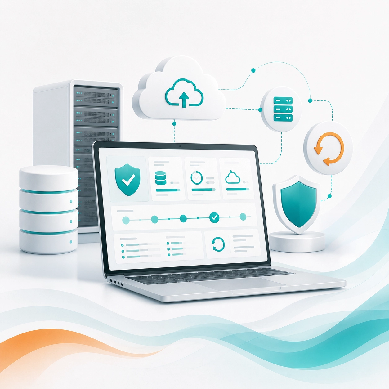 TekManagement Backup and Disaster Recovery Support Laptop dashboard with backup, cloud recovery, server, and security icons for TekManagement IT support
