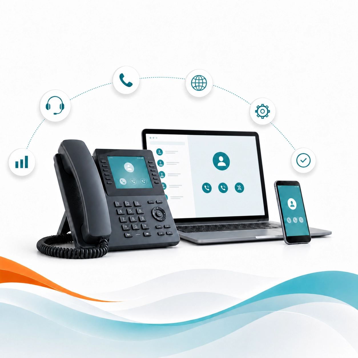 Business phone system with laptop and mobile calling tools for office and remote team communication. Business phone system with laptop and mobile calling tools for office and remote team communication.