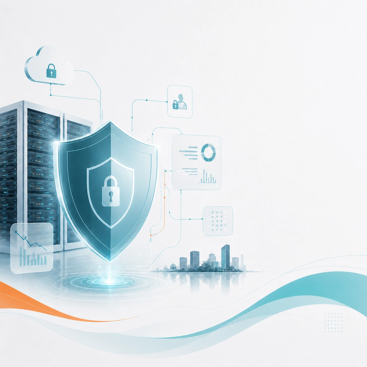 Illustration of cybersecurity protection across laptop, tablet, phone, and cloud systems.