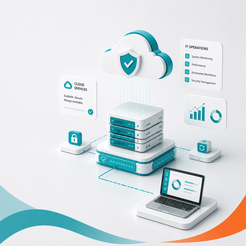 Cloud services dashboard showing secure access, IT operations, servers, monitoring, and business continuity Cloud services dashboard showing secure access, IT operations, servers, monitoring, and business continuity