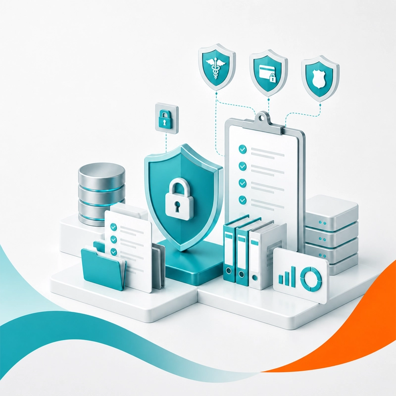 Compliance support concept with shield, lock, checklist, secure files, and data protection controls Compliance support concept with shield, lock, checklist, secure files, and data protection controls