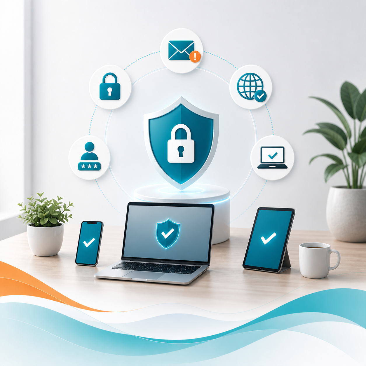 Cybersecurity shield icon above a laptop, phone, and tablet with check marks.