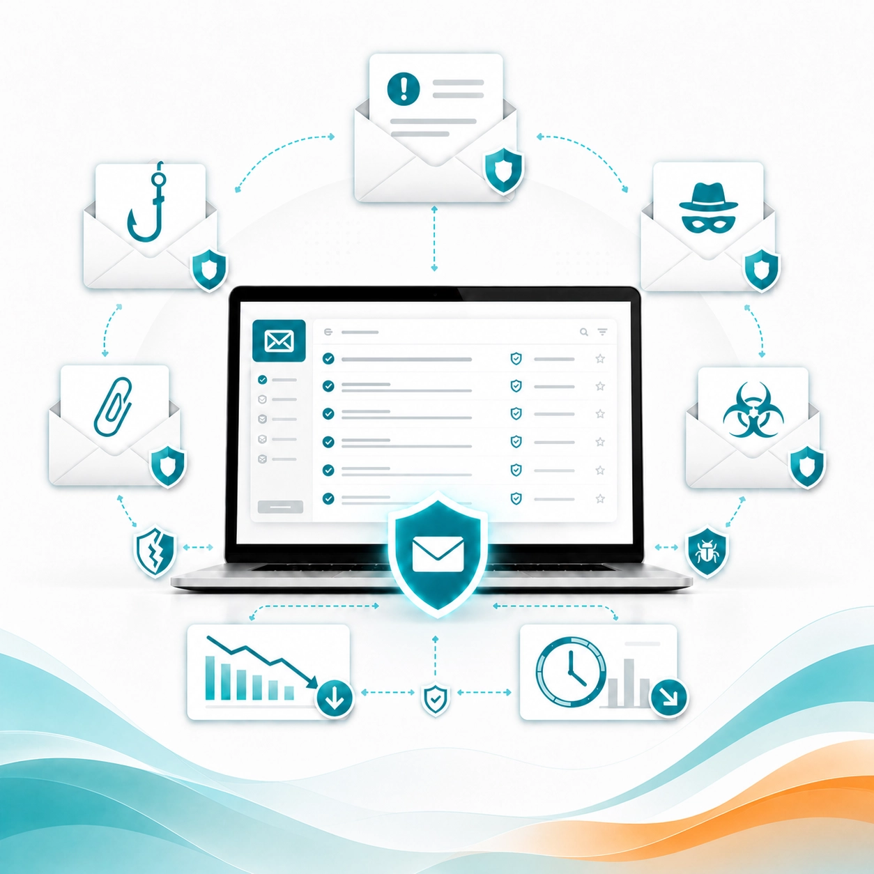 Email Protection and Spam Defense Laptop showing protected email inbox surrounded by icons for phishing, spam, attachments, and malware warnings