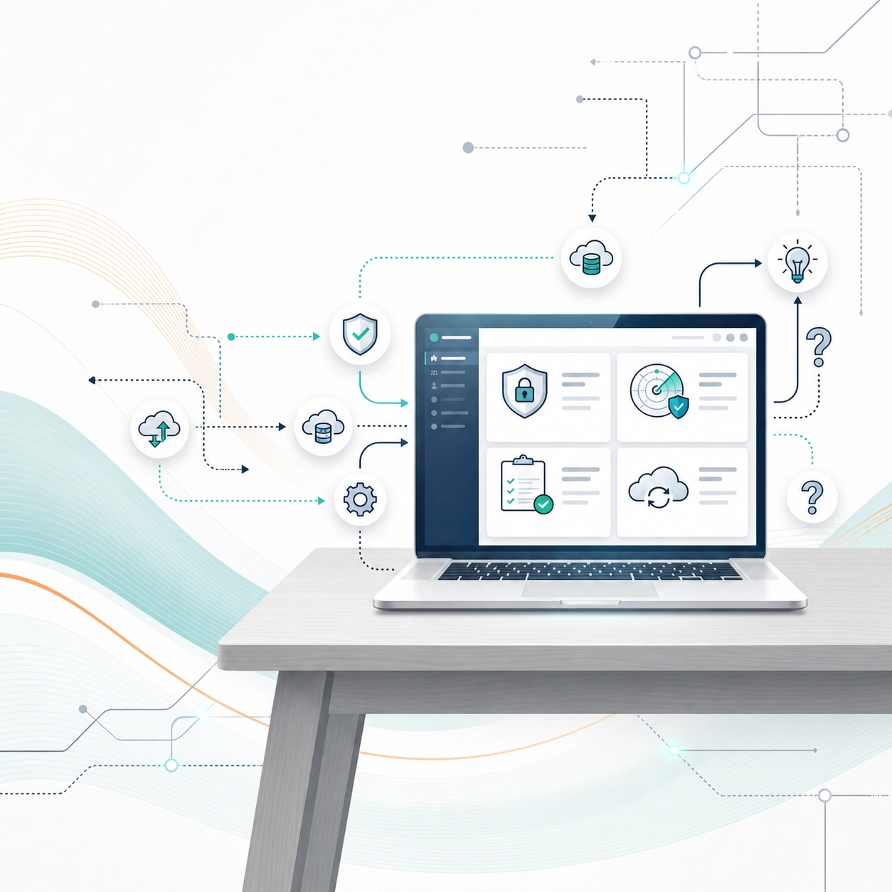Tekmanagement FAQ Technology Illustration Laptop displaying cloud security and support icons with question marks around it.