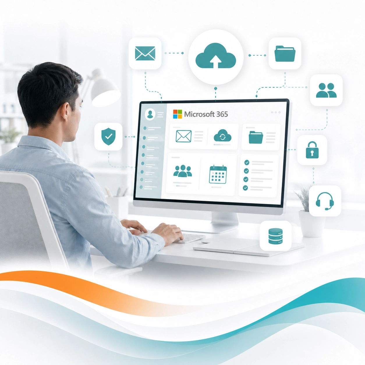 Microsoft 365 dashboard showing email, cloud storage, file sharing, security, and support tools.
