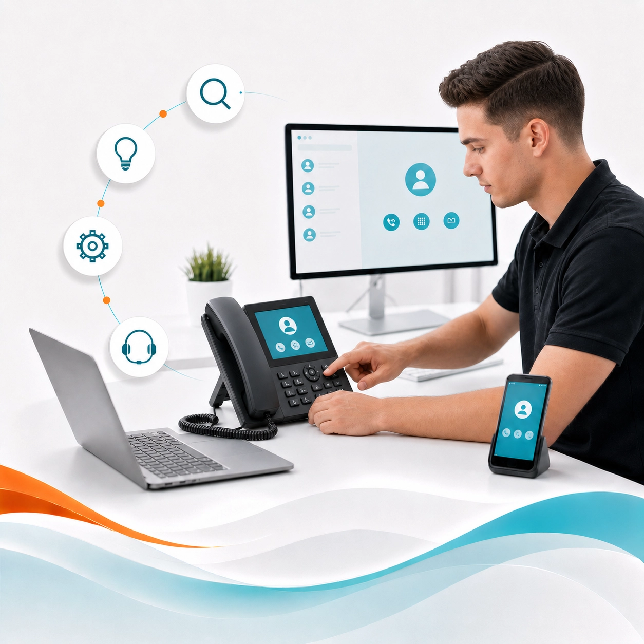 Technician setting up a business phone system with laptop, mobile access, and call support tools. Technician setting up a business phone system with laptop, mobile access, and call support tools.