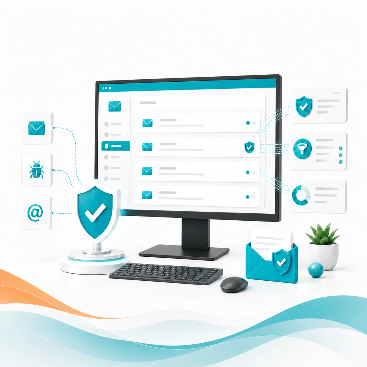Business Email Protection Illustration of secure business email with spam filtering and threat protection on a desktop screen.