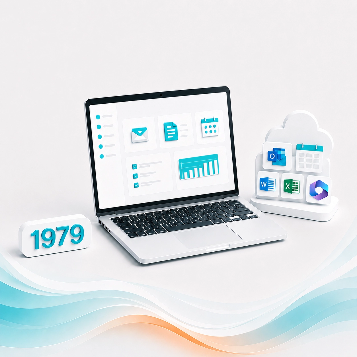 Laptop with Microsoft 365 apps, cloud tools, and 1979 sign for TekManagement support