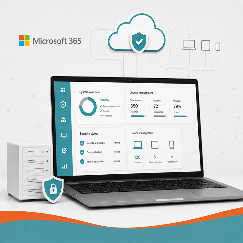 Microsoft 365 management dashboard showing licenses, security, devices, and cloud administration Microsoft 365 management dashboard showing licenses, security, devices, and cloud administration