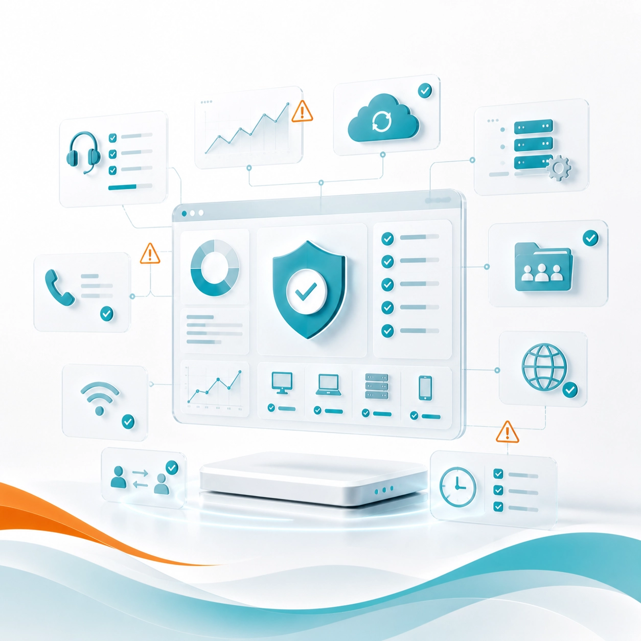 TekProtect dashboard showing outsourced IT support for devices, cloud tools, phones, and security.