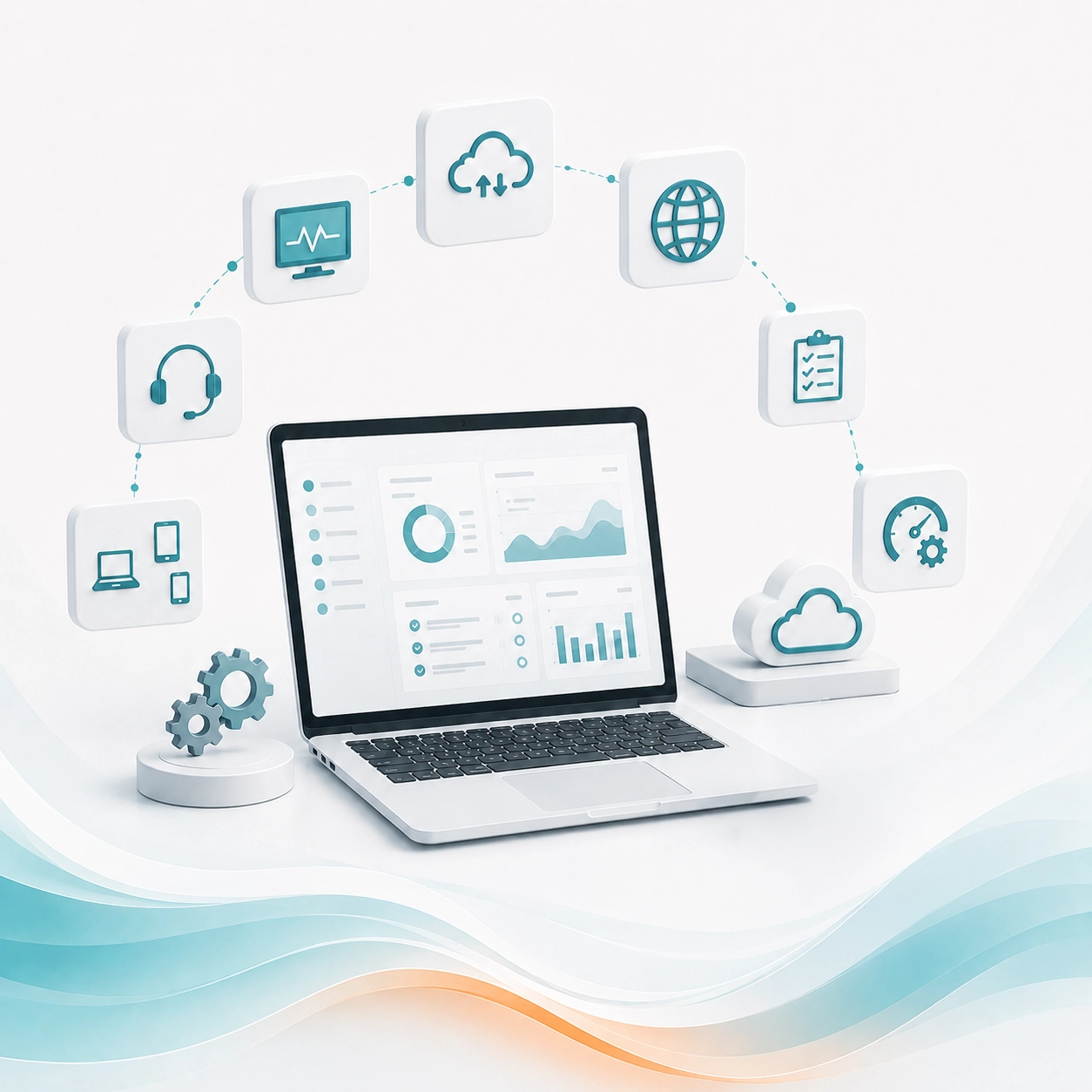 Laptop with technology management dashboard, cloud, security, support, and device icons for TekManagement.