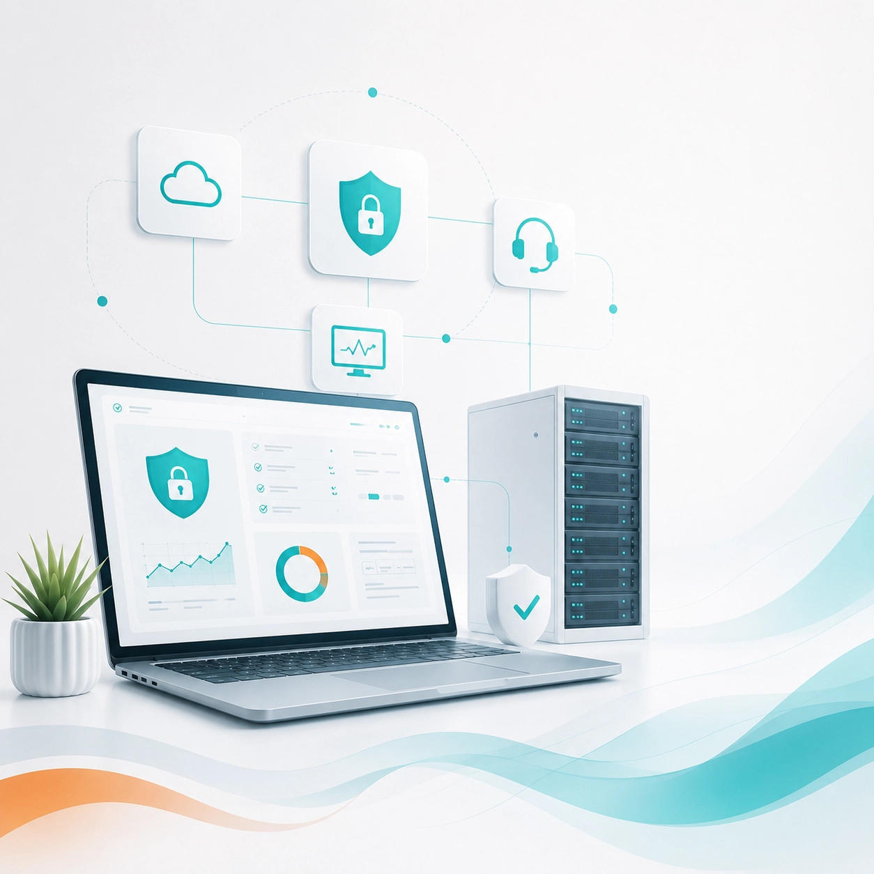 Laptop with cybersecurity dashboard, server rack, cloud, security, and support icons for TekManagement