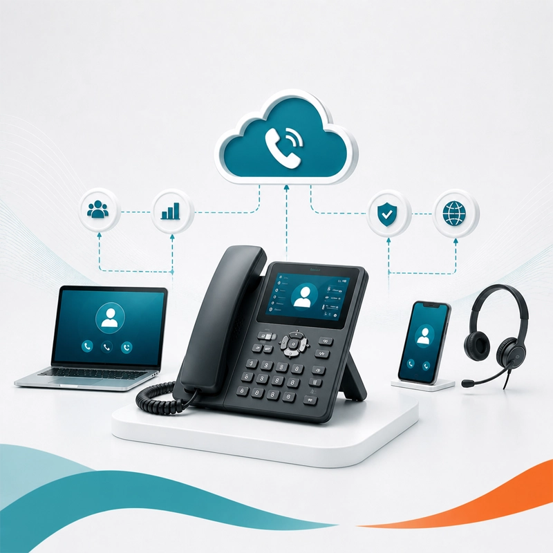 VoIP phone system with laptop, mobile device, headset, and cloud calling support for business communication VoIP phone system with laptop, mobile device, headset, and cloud calling support for business communication