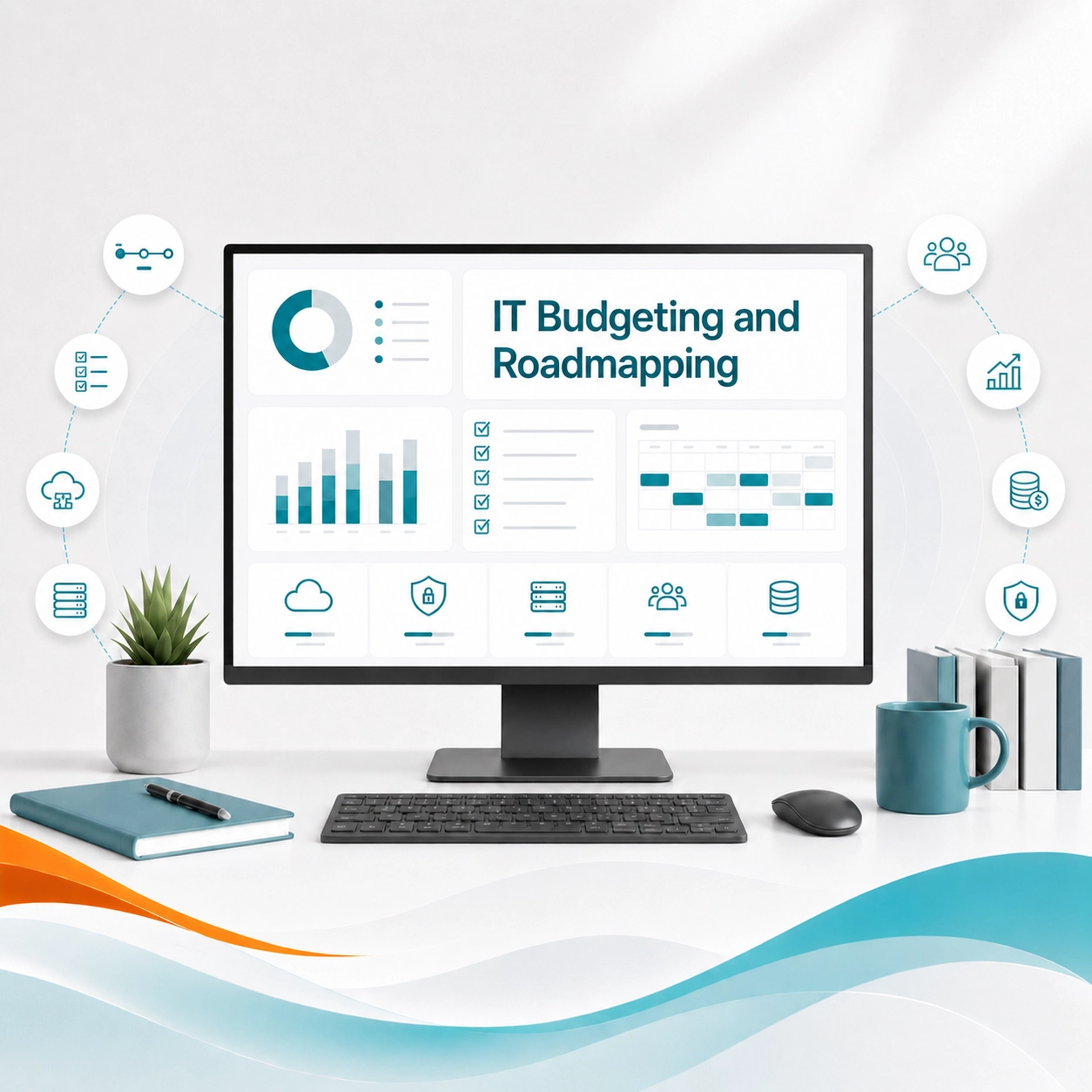 IT budgeting and roadmapping dashboard showing technology planning, costs, systems, and security priorities.