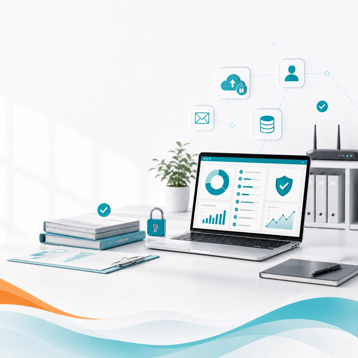 Laptop showing IT compliance dashboard with secure access, cloud, email, and data protection icons