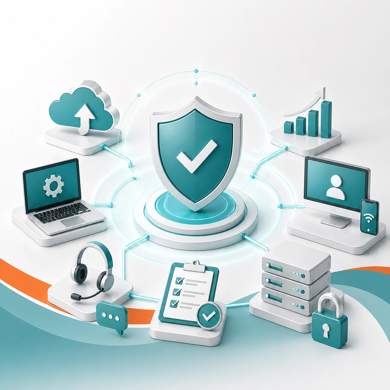 Shield icon surrounded by cloud, devices, servers, and support symbols for business IT protection.