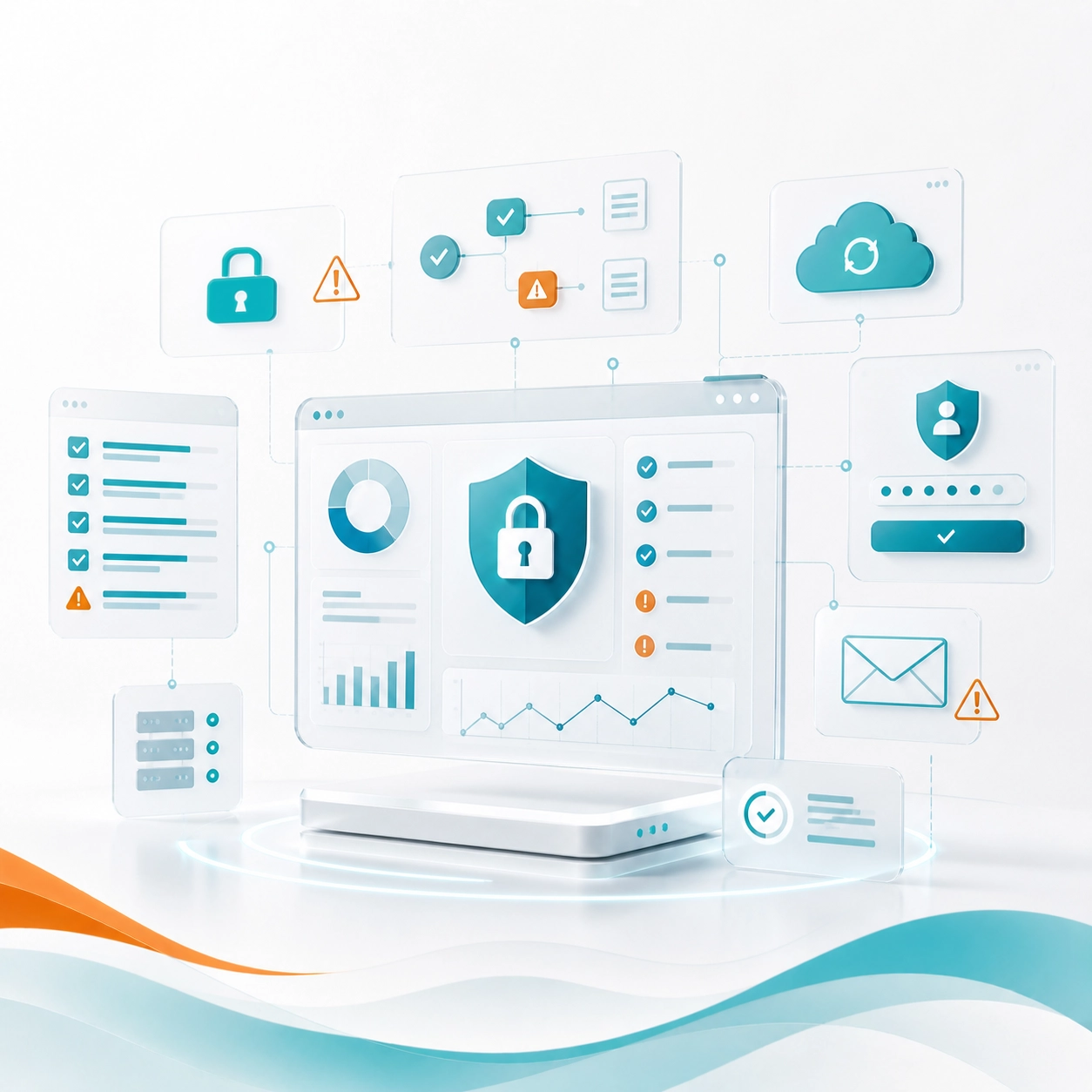 IT compliance dashboard showing security gaps, email risks, access controls, and system alerts.