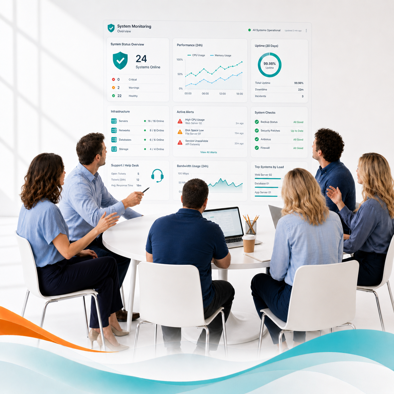 Business team reviewing system monitoring dashboard for IT support, uptime, alerts, and security checks.