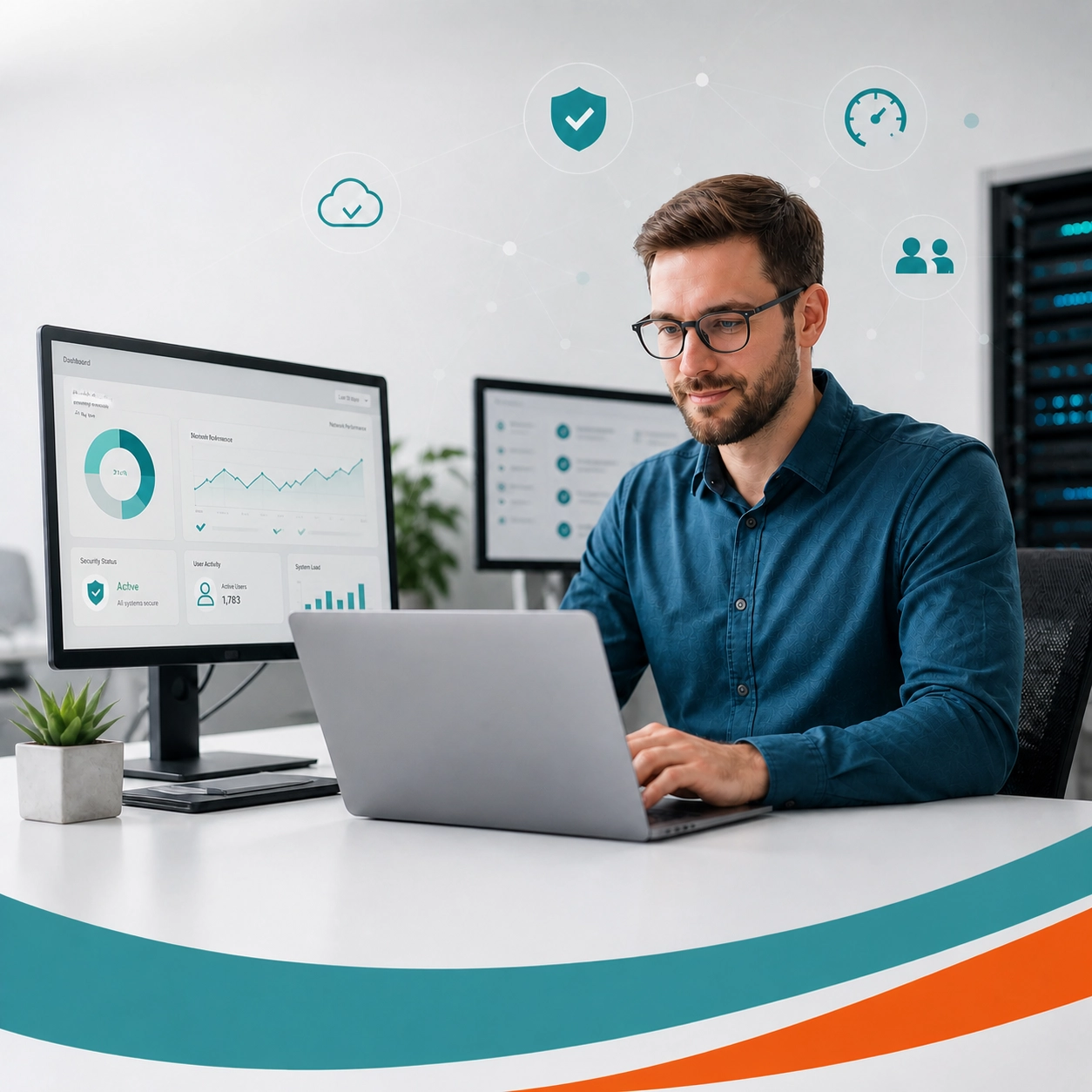 IT professional working at a laptop with system dashboards and security icons. IT professional working at a laptop with system dashboards and security icons.