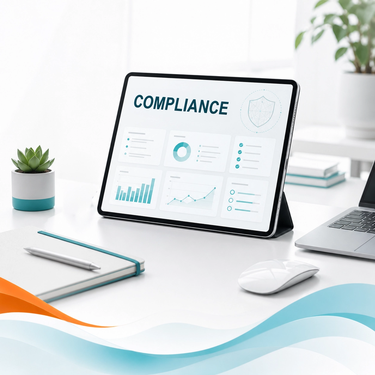 Tablet showing IT compliance readiness dashboard with planning, security, and support metrics.