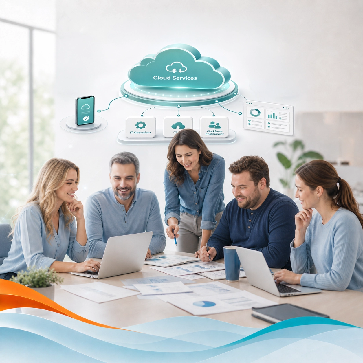 Team planning cloud services with icons for security, backup, remote access, and system support. Team planning cloud services with icons for security, backup, remote access, and system support.