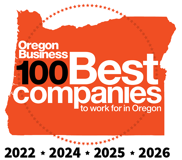 Oregon Business 100 Best Companies to Work for in Oregon logo with an orange background and state outline.