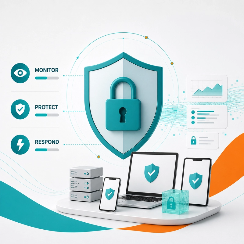 Cybersecurity shield with lock, showing monitor, protect, and respond across devices Cybersecurity shield with lock, showing monitor, protect, and respond across devices
