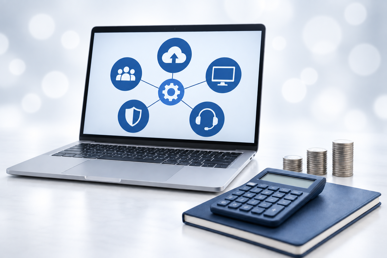 IT support, cloud, and security icons on a laptop screen, with stacked coins and a calculator on a notebook nearby.