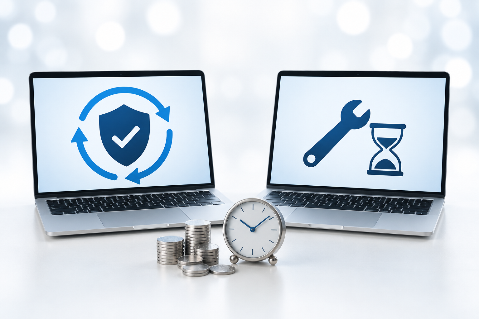 Two laptops display a shield with circular arrows and a wrench with an hourglass, with coins and a clock in front.
